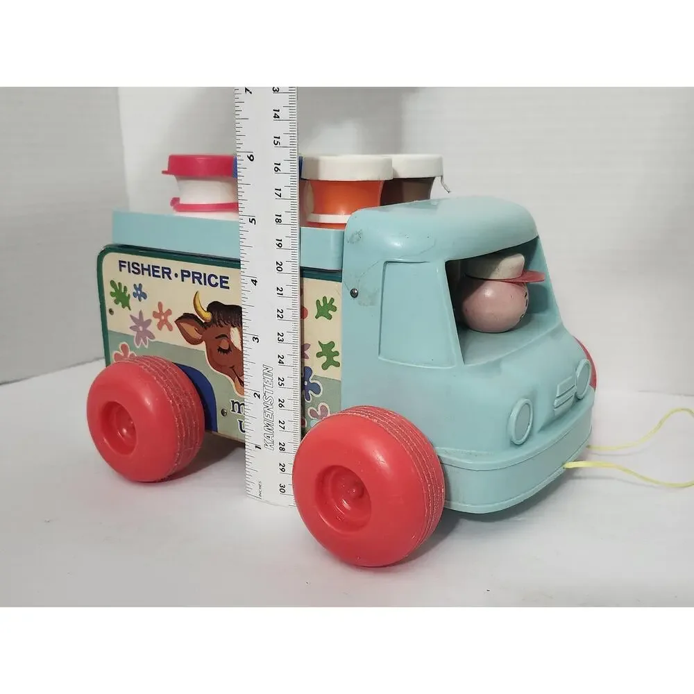 Vintage 1965 Fisher Price Milk Wagon Pull Toy 131 Bottles Lithos Driver